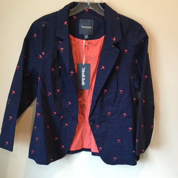 NWT ModCloth Navy Pink Umbrella Embroidered Blazer - Picture 2 of 4